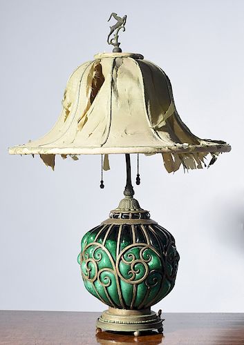 ART DECO TABLE LAMP, GREEN GLASS