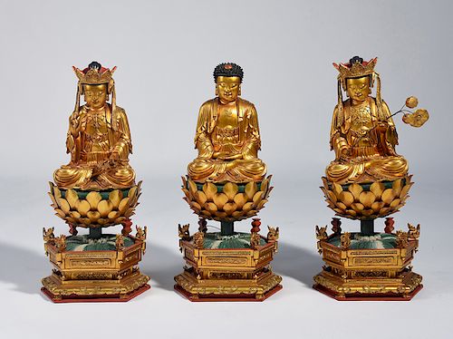 THREE CHINESE CARVED AND GILT WOOD
