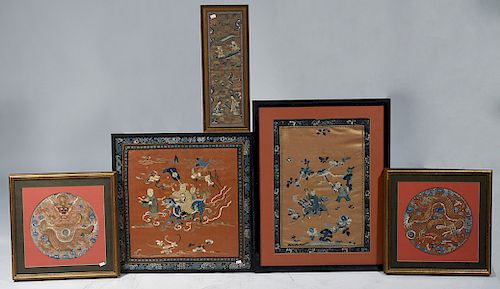 FIVE CHINESE SILK NEEDLEWORK PANELSFive