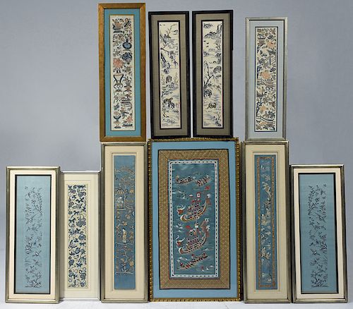 TEN CHINESE FRAMED SILK NEEDLEWORK