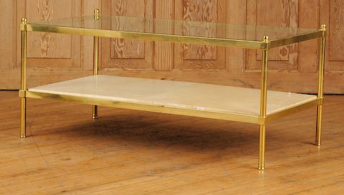 BRASS GLASS COFFEE TABLE WOOD COVERED