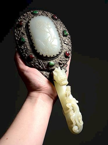 FINE CHINESE SILVER AND JADE HAND