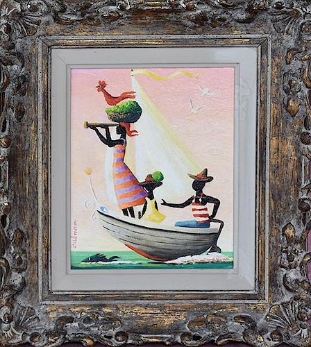 OIL ON BOARD FIGURES IN A BOAT 38a3a8