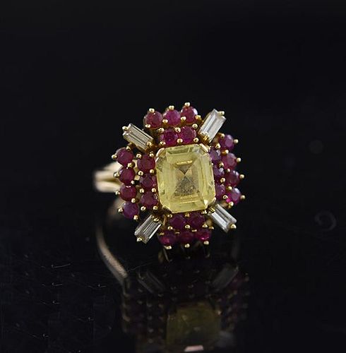 18K TOPAZ RUBY DIAMOND RINGStamped 38a3fc