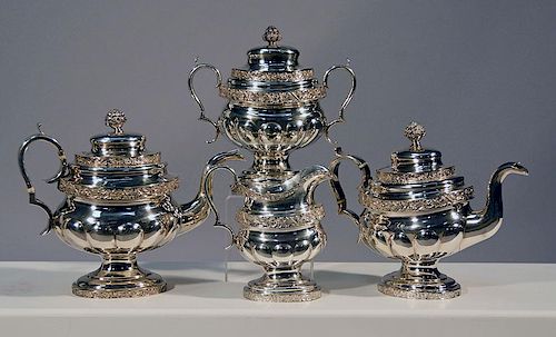 COIN SILVER TEA SET, CA.1830'SFour