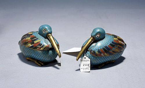 19TH C. CHINESE CHAMPLEVE PELICANSPair