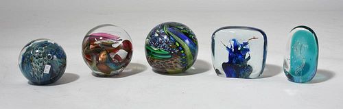 PAPERWEIGHTSFive art glass paperweights,