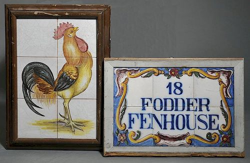 TWO FRAMED TILEWORKSTwo polychrome tin 38a69b