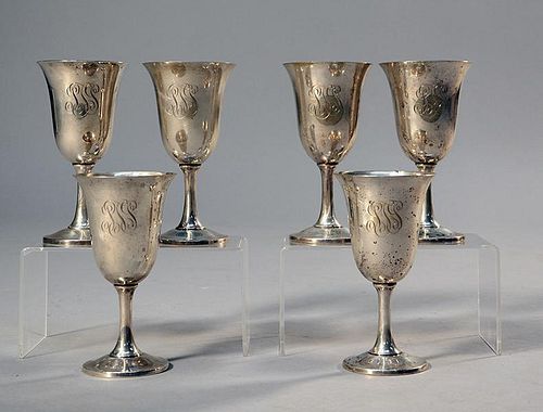 SIX WALLACE STERLING WATER GOBLETS,