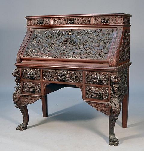 FINE 19TH C MAHOGANY CARVED DESKFine 38a79d