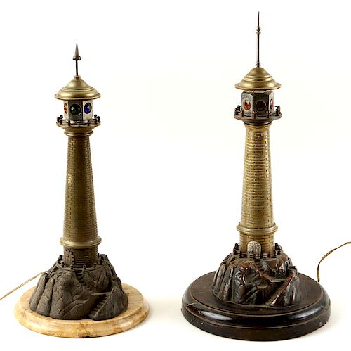 TWO BRONZE TABLE LAMPS FORM OF LIGHTHOUSE