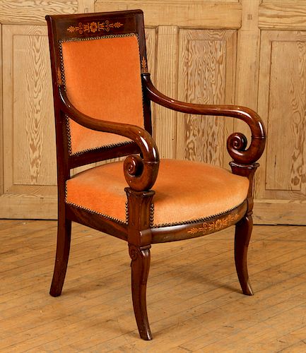 19TH C. CHARLES X MAHOGANY UPHOLSTERED