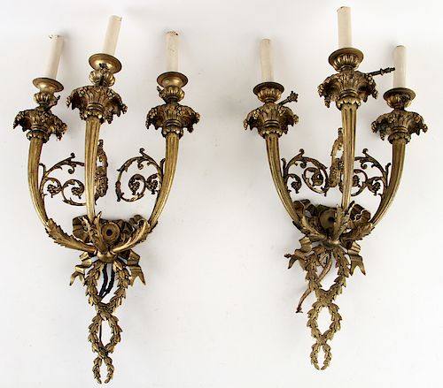 PAIR 19TH C BRONZE THREE ARM WALL 38a870