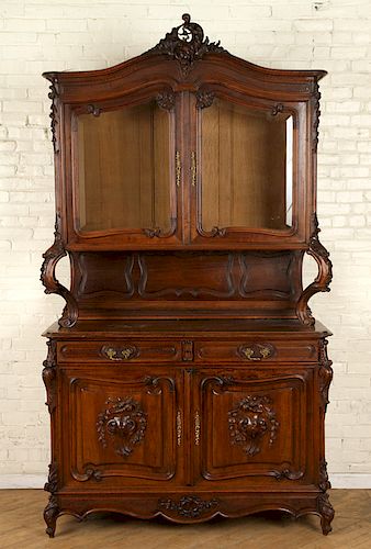 TWO PART FRENCH CARVED WALNUT SIDEBOARD