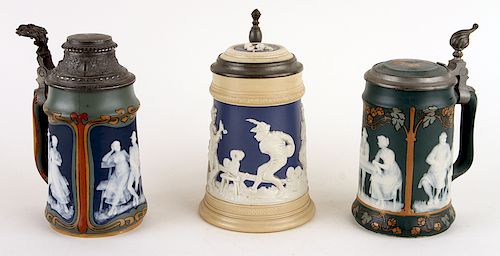 THREE GERMAN METTLACH LIDDED BEER