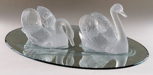 PAIR LALIQUE FROSTED CRYSTAL SWANS