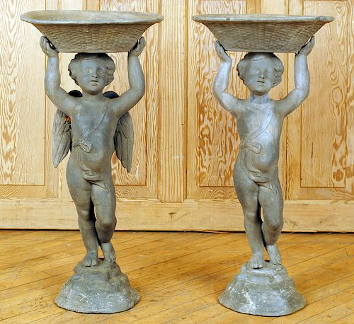 PAIR CHERUB FORM LEAD PLANTERS OR BIRD