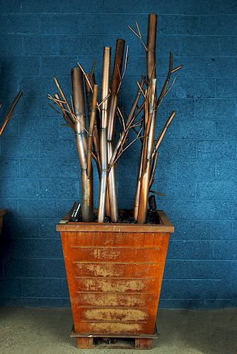 PAIR IRON PLANTERS IRON FAUX BAMBOO 38a9aa