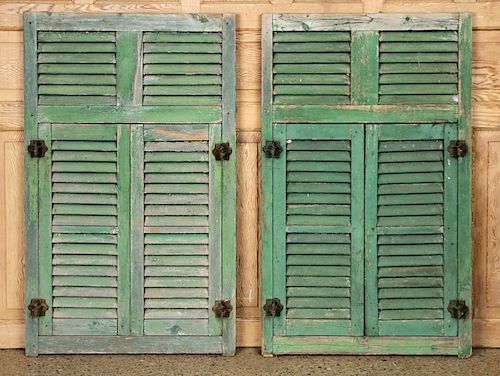 PAIR GREEN PAINTED WOOD SHUTTERS 38a9cb