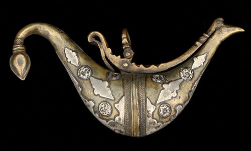 STEEL AND BRASS POWDER HORN, PERSIA,