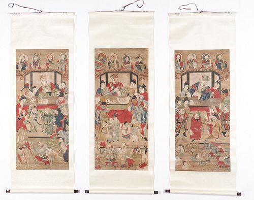 THREE ANTIQUE CHINESE SCROLL PAINTINGSThree