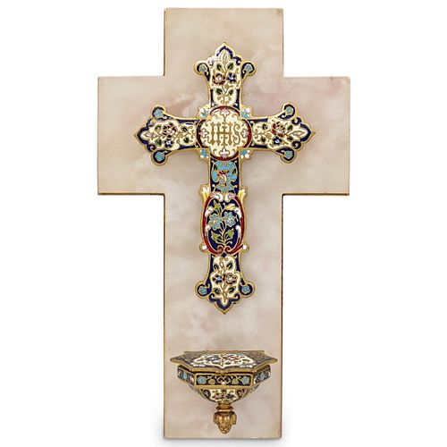 FRENCH CHAMPLEVE CROSS & HOLY WATER