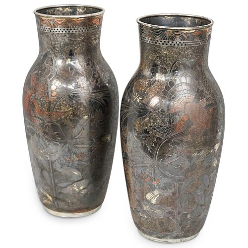 PAIR OF ORIENTAL SILVERED COPPER