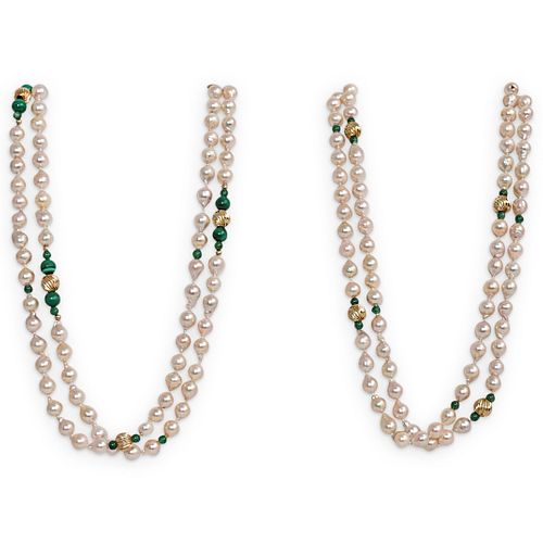  2 PC 14K GOLD PEARL AND MALACHITE 38d529