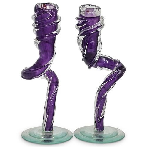 CLEAR & PURPLE CRYSTAL GLASS CANDLESTICKSDESCRIPTION: