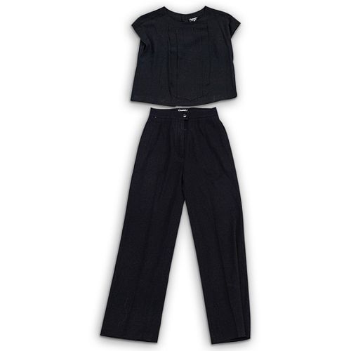 (2 PC) CHANEL BLACK BLOUSE & PANTS