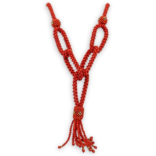14K GOLD AND BEADED CORAL NECKLACEDESCRIPTION: