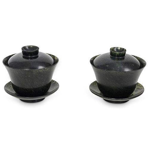 (2 PC) CHINESE SPINACH JADE LIDDED