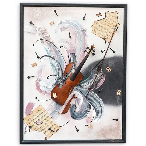 SIGNED VIOLIN MIXED MEDIA PAINTING 38dc41