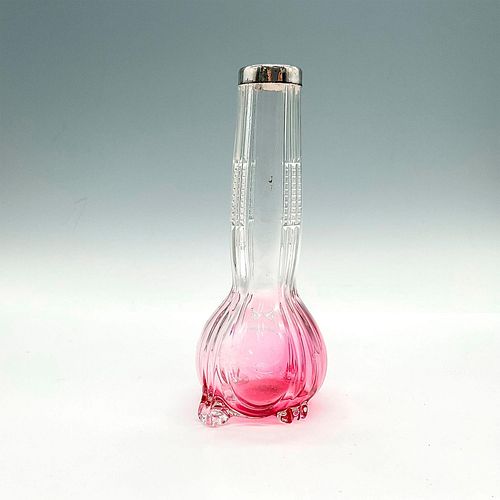 CRANBERRY GLASS FOOTED VASE W/ SILVER