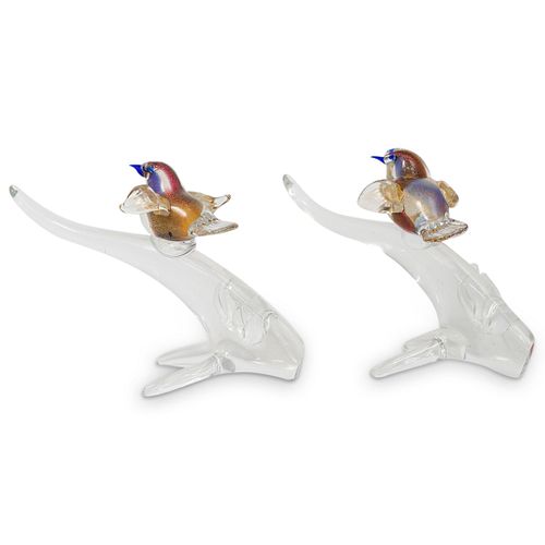 PAIR OF MURANO GLASS BIRD ON TREE BRANCH