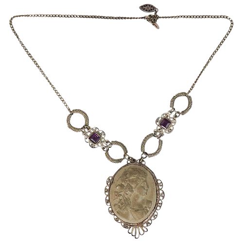 ANTIQUE BRASS AND LAVA CAMEO NECKLACEDESCRIPTION: