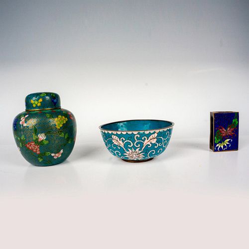 3PC CHINESE CLOISONNE BRASS AND ENAMEL