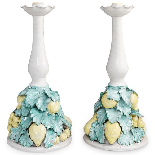 PAIR OF ITALIAN CERAMIC LARGE CANDLESTICKSDESCRIPTION: