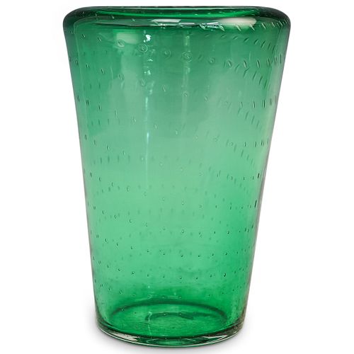 MID CENTURY GREEN GLASS VASEDESCRIPTION: