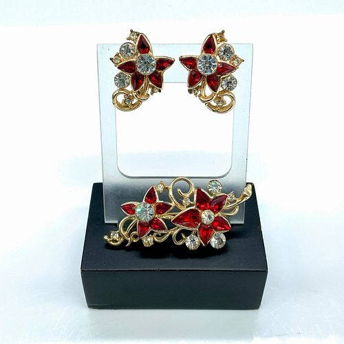 2PC RED RHINESTONE FLOWER SCREW BACK