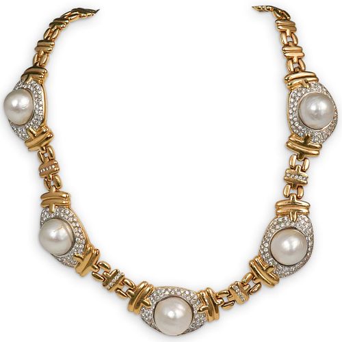 18K MABE PEARL AND DIAMOND NECKLACEDESCRIPTION: