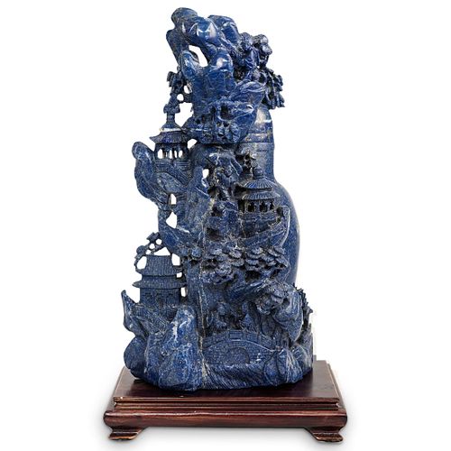 CHINESE CARVED LAPIS LIDDED URNDESCRIPTION: