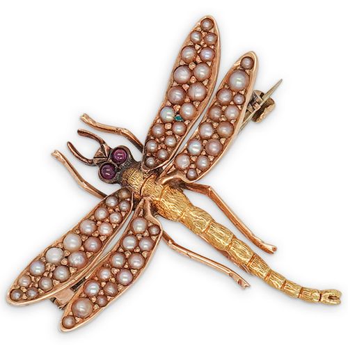 VINTAGE 14K PEARL RUBY DRAGONFLY 38e895