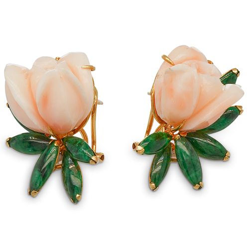 14K "CECIL" CORAL & JADE EARRINGSDESCRIPTION: