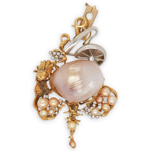 "DAGON" 18K PEARL & DIAMOND PENDANTDESCRIPTION: