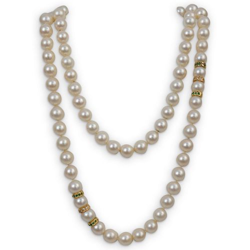 14K PEARL, DIAMOND AND EMERALD