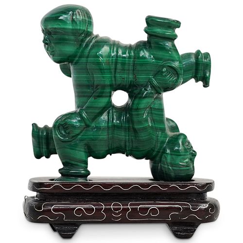 CHINESE CARVED MALACHITE TWIN BOYS