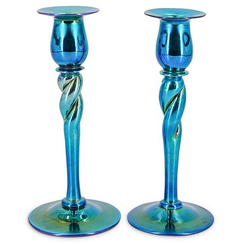 (2 PC) STEUBEN BLUE AURENE CANDLESTICKSDESCRIPTION: