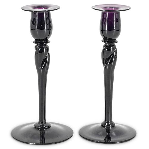  2 PC STEUBEN AMETHYST CANDLESTICKSDESCRIPTION  38c3fb