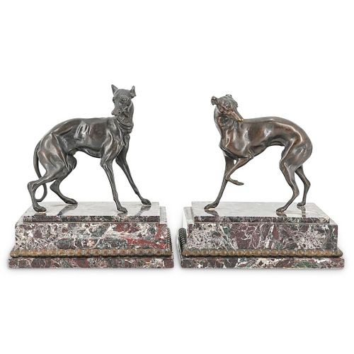  2 PC BRONZE MARBLE GREYHOUND 38c407